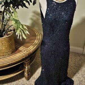 Adrianna Papell Midnight Blue Full-length Sequin Column Dress